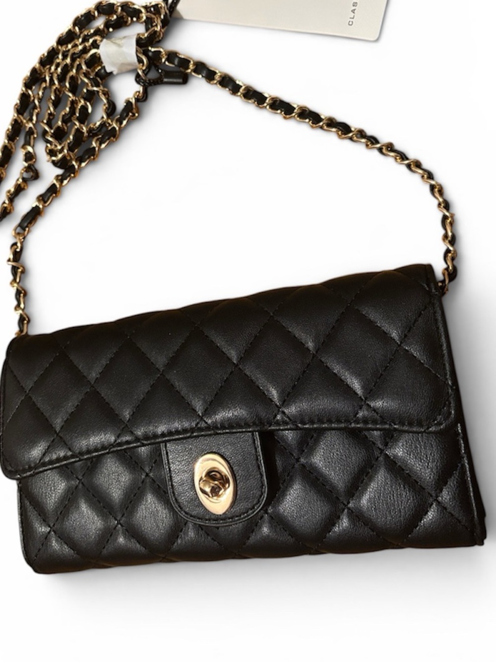 Quilted Faux Leather Black Chain Strap Crossbody Bag Clutch Purse Wallet